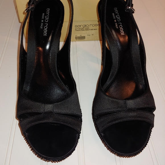 Sergio Rossi NWT Tessuto Raso Black Leather Slingback Platform Heels size 10 - Picture 7 of 15